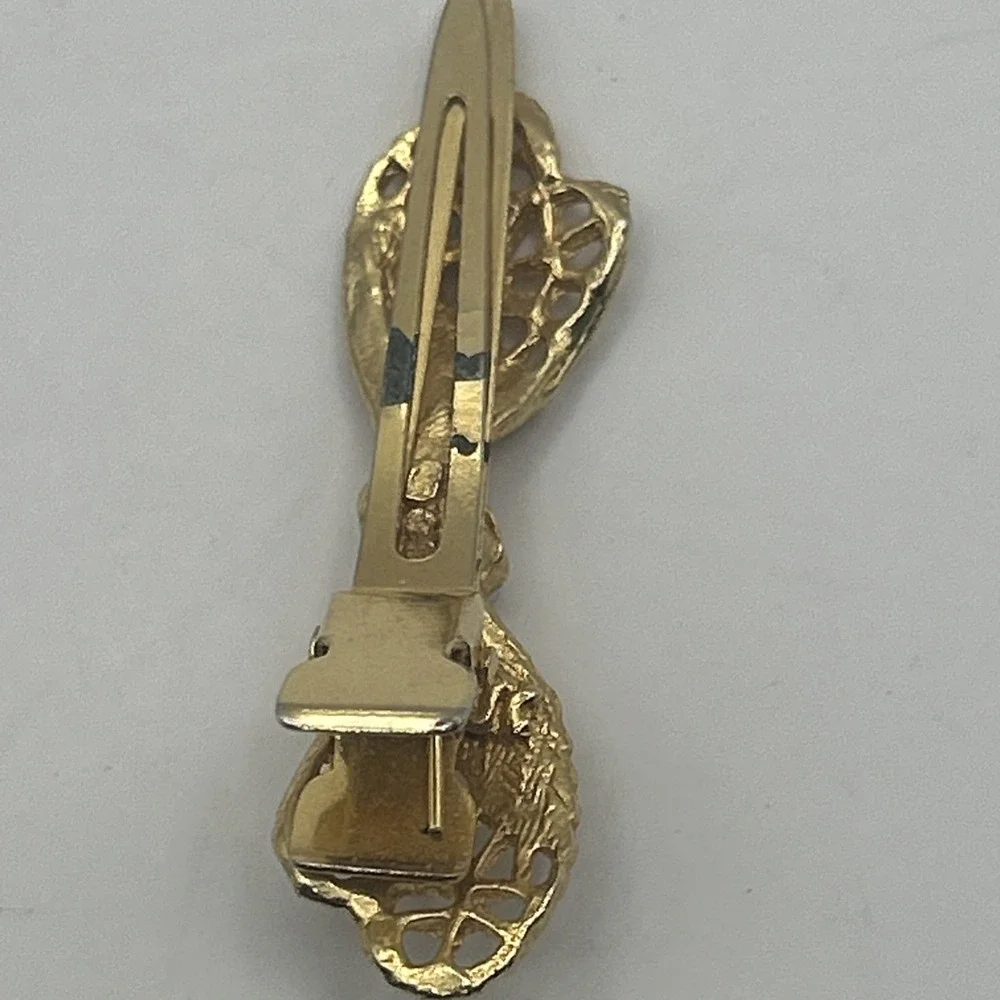 Vintage Gold Tone Bow Barrette Hair Clip‎ Faux Pearl Filigree